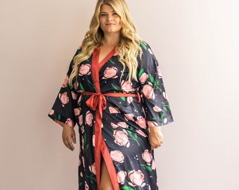 Peonies Robe: Floral Bohemian Kimono Bridesmaid Bridal Party Long Vegan Silk Robe Unisex Gifts Cool Design sustainable festival
