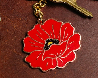 Poppy Enamel Keychain, Floral keychain, Flower Hard Enamel Key chain, Poppy Field Enamel Keyring