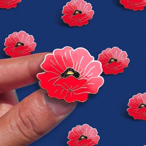 Red Poppy Pin, Floral Hard enamel pin, Poppy brooch, Poppy Jewelry, Floral enamel pin image 2