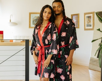 Peonies set of 2 kimonos for couples ~ Pajamas set for men and woman ~ Vegan Silk bath robes set ~ Anniversary gift for him and her