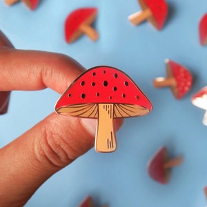 Mushroom Enamel Pin, Plant enamel pin, Botanical pin, Red Cap Magic Mushroom jewelry