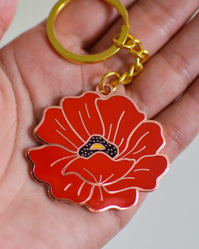 Poppy Enamel Keychain, Floral keychain, Flower Hard Enamel Key chain, Poppy Field Enamel Keyring image 3