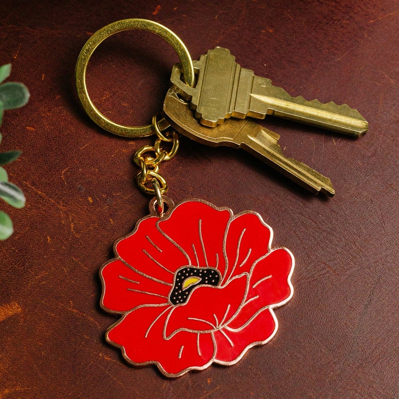 Poppy Enamel Keychain, Floral keychain, Flower Hard Enamel Key chain, Poppy Field Enamel Keyring image 1