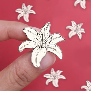 White Lily Enamel Pin Needle Minder, Plant enamel pin, Botanical Enamel pin, White Flower Lapel pin image 1