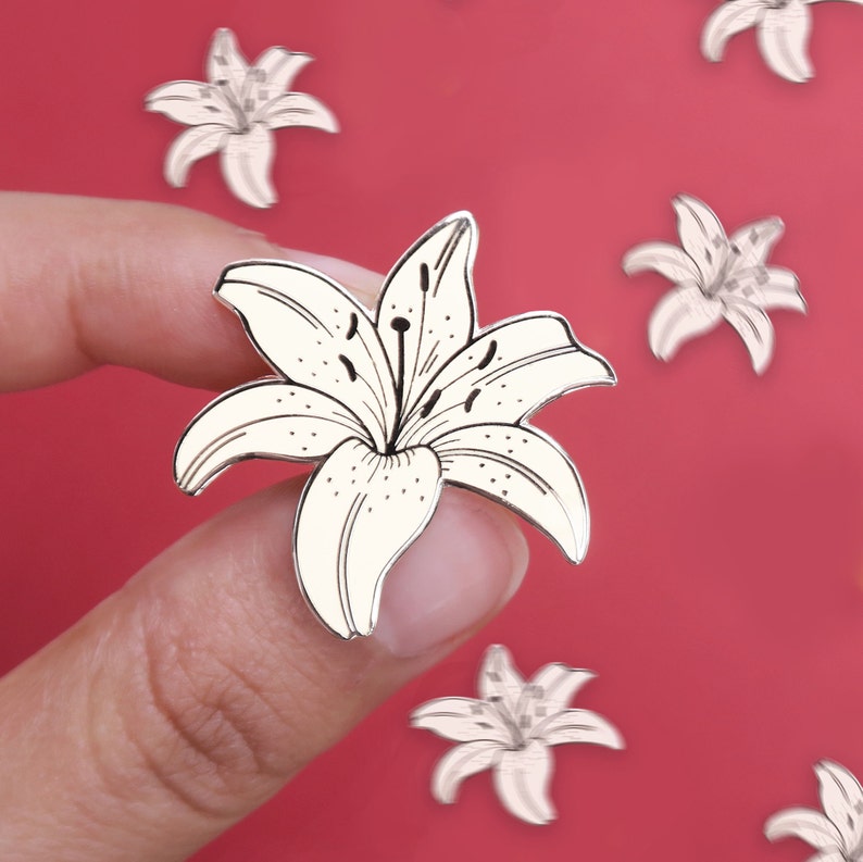 White Lily Enamel Pin Needle Minder, Plant enamel pin, Botanical Enamel pin, White Flower Lapel pin image 1