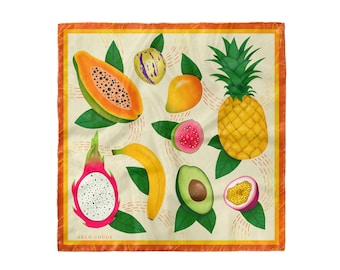 Tropical Fruit Bandana | Cotton Bandana, Exotic Fruit Scarf, Soft Cotton Fruit Bandana, Pineapple, Kerchief, Hand Drawn Plant Bandana,Papaya