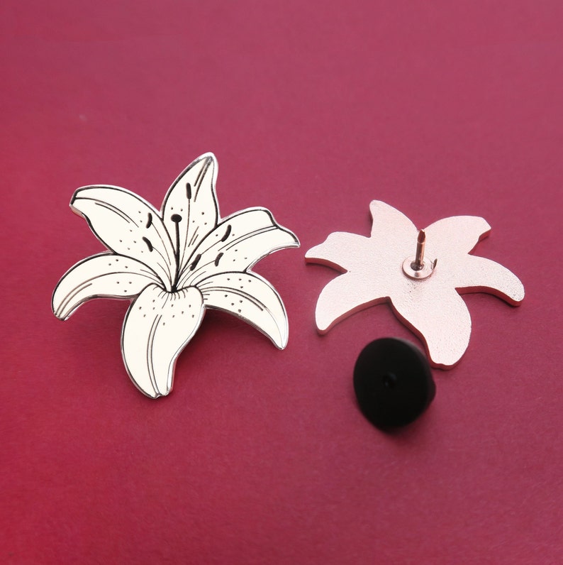 White Lily Enamel Pin Needle Minder, Plant enamel pin, Botanical Enamel pin, White Flower Lapel pin image 2