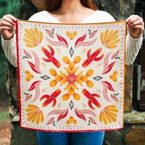 Cactus Symmetry Silk Scarf WARM|  Desert Colors Silk hair scarf, Unique Succulent Gifts for Mom from daughter