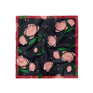 Peonies Silk Scarf, Mod scarf, Pink Peony Silk neckerchief, Square Silk Scarf, Floral scarf Womens stocking stuffers image 1