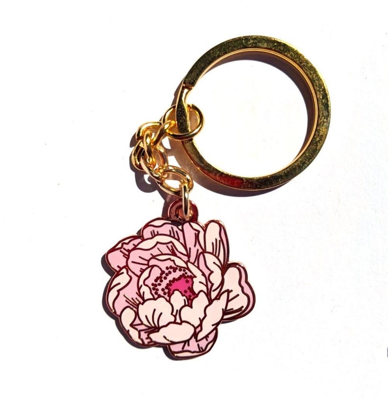 Peonies Enamel Keychain Floral Keychain Pink Flower Hard Etsy
