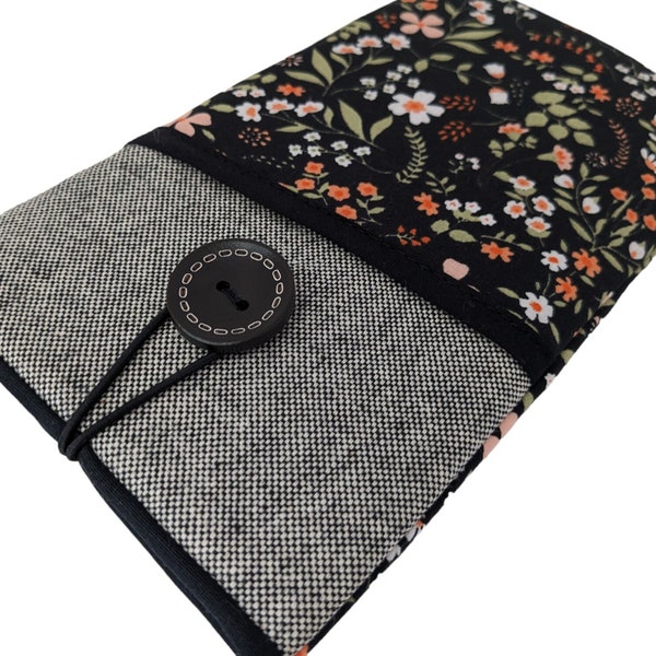 Schwarze Stoff Handytasche Floral, Handytasche, Gepolsterte Handytasche mit Tasche, Handytasche für Frauen, Handyhalter Tasche