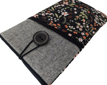 Schwarze Stoff Handytasche Floral, Handytasche, Gepolsterte Handytasche mit Tasche, Handytasche für Frauen, Handyhalter Tasche