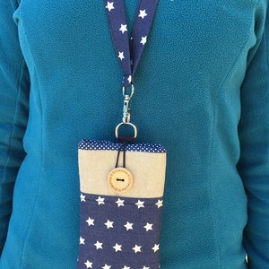 Blue phone case Lanyard, Stars Fabric phone Pouch Lanyard, Padded phone sleeve, Fabric phone wallet case, Cell phone bag lanyard