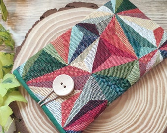 Handmade Padded Cell Phone Pouch with geometric tapestry fabric