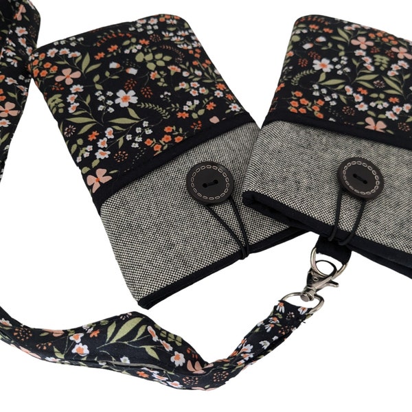 Cell phone purse, Cell phone holder, Floral Fabric phone case Lanyard, Padded Phone sleeve with pocket and lanyard, Cell phone neck bag