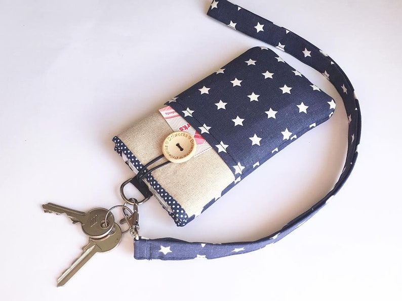 Fabric phone case Lanyard, Stars Fabric phone sleeve Lanyard, Padded Phone sleeve with pocket, Phone sleeve for women, cell phone neck bag image 3