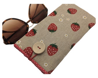 Strawberry sunglasses case Soft, Padded Reading glasses case Linen Strawberry, Personalized gifts for her