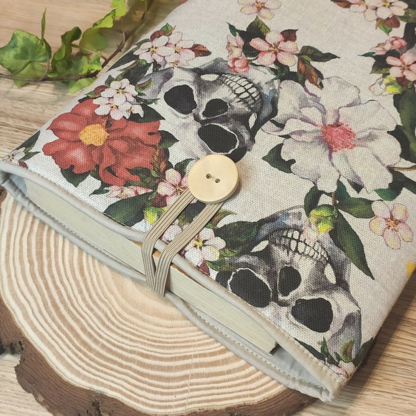 Skull Flowers Padded Book Sleeve & matching fabric bookmark - personalized gift