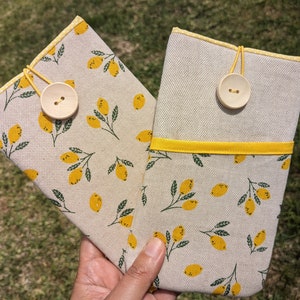 Lemon Fabric phone case, Padded cell phone sleeve with pocket, Phone pouch for women, cell phone bag purse