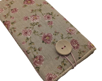 Peonies Fabric Smartphone Pouch, Fabric phone case Padded,  Linen Phone pouch, Cell phone pouch, Women's Phone Sleeve