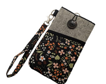 Floral phone case with wrist strap, Fabric phone sleeve, Padded phone pouch, phone case wristlet