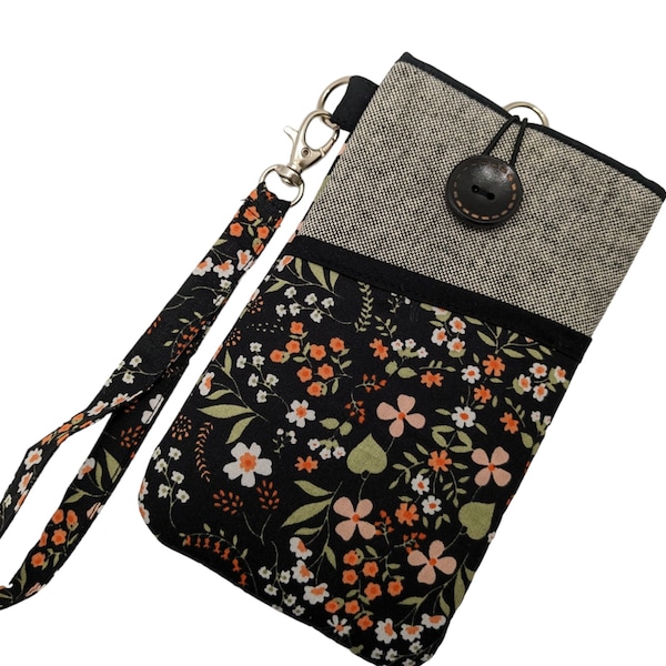 Floral phone case with wrist strap, Fabric phone sleeve, Padded phone pouch, phone case wristlet