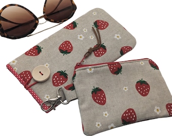 Strawberry keychain wallet & glasses case Soft, Birthday Gift for Women Gift Set, Christmas Gift Set, Gifts For Her, sister gifts