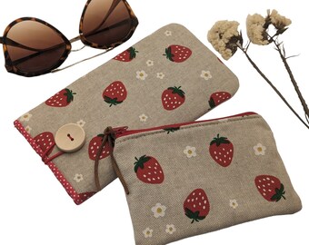 Sunglasses case Soft & zipper coin purse, Mother's day Gift, Gifts for Mum, Happy Birthday Set, Christmas Gift for Her - strawberry