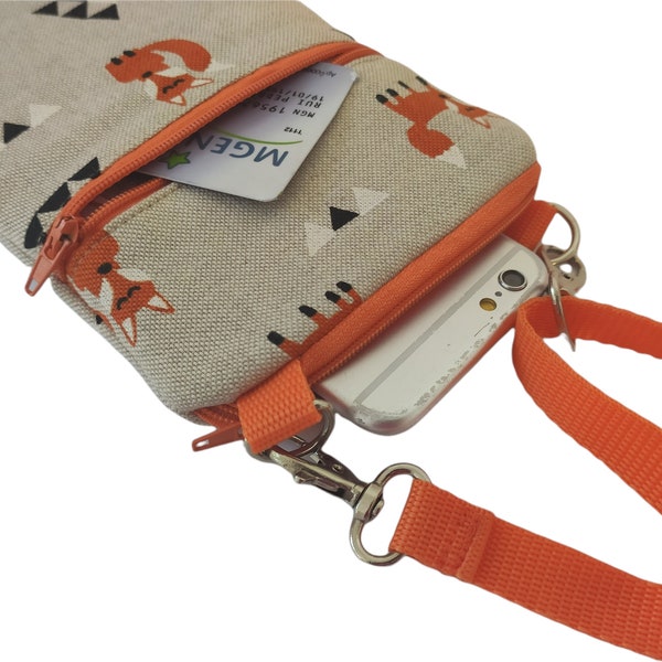 Fox Crossbody Bag, Crossbody cell phone pouch, Small Travel Bag, Phone Sling Bag, Smartphone Purse, iPhone Crossbody Bag Fox, Phone Zip Bag