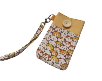 Cat fabric yellow phone sleeve, Padded phone pouch gift for cat lover, Teen Gift, Cats Purse, Cats phone case