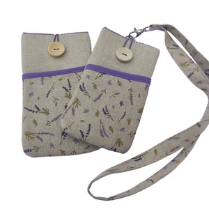 Lavender Fabric phone sleeve Lanyard, Padded Phone sleeve with pocket, Cell Phone Pouch for women, cell phone neck bag