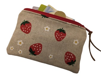 Strawberry Linen coin purse small zipper pouch coin pouch tiny wallet boho zipper purse wallet retro vegan purse minimalistic