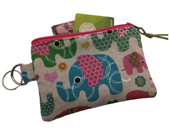 Elephants Keychain small zipper wallet coin purse, zippered keychain wallet, earbuds pouch tiny zipper pouch