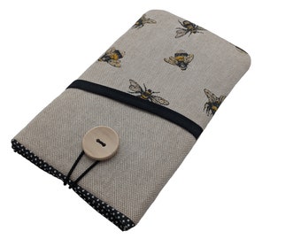 Bee print Linen Fabric iPhone case padded iPhone 14 Sleeve, iPhone 13 mini case cover, iPhone 13 Pro Max Sleeve, iPhone 14 Plus