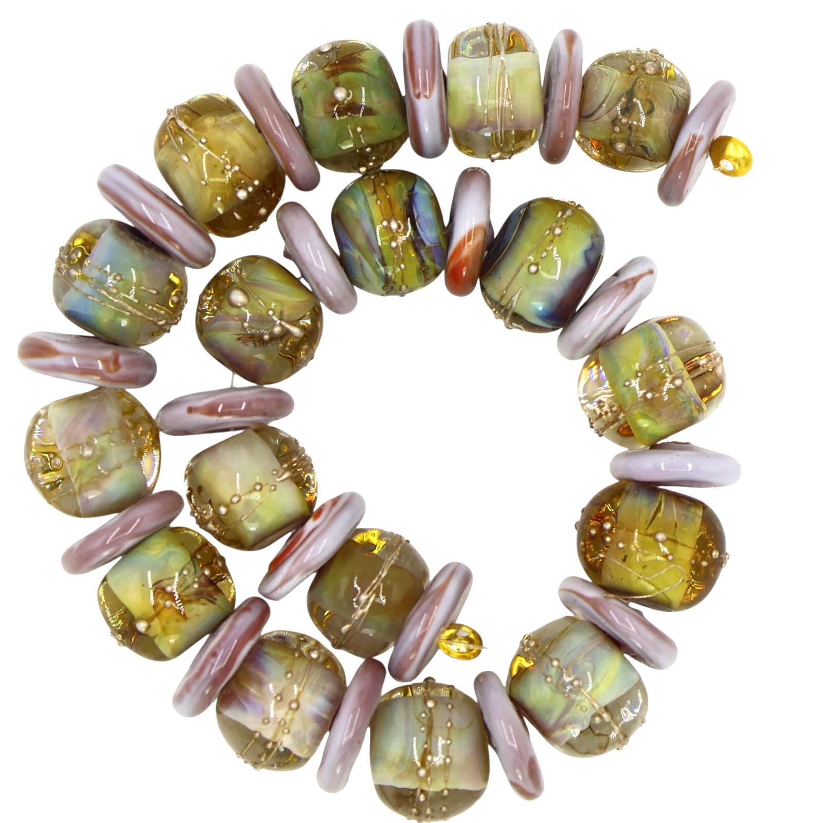 wHandmade Lampwork Beads:  set of 35  double helix round/disc w/ sterling silver threads