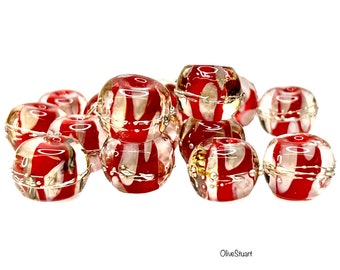 Handmade Lampwork Beads: red/cream encased w/sterling silver accents