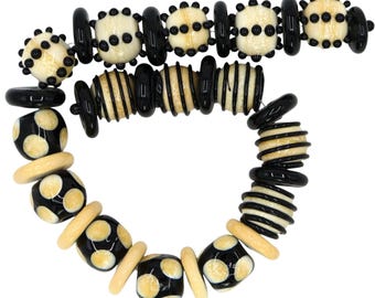 wHandmade Lampwork Beads:  set of 31 black/cream disc/round/cube