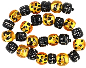 wHandmade Lampwork Beads:  set of 27 gold/black round/barrel w/sterling silver threads
