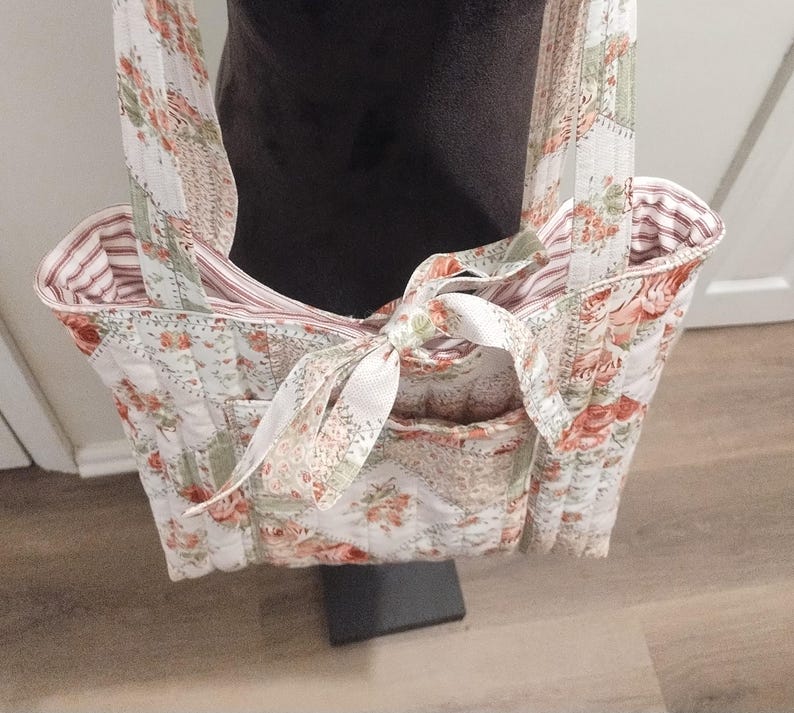 Handmade Quilted Cotton Large Everyday Tote Bag - Stiches n' Roses image 6