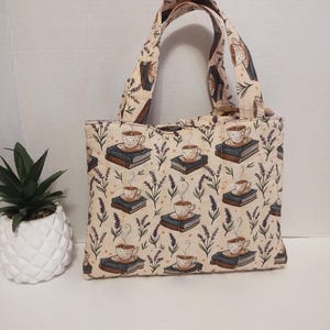 Handmade Quilted Cotton Tote Bag Bible or Book Carrier - Books and Coffee
