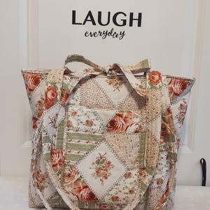 Handmade Quilted Cotton Large Everyday Tote Bag - Stiches n' Roses image 1
