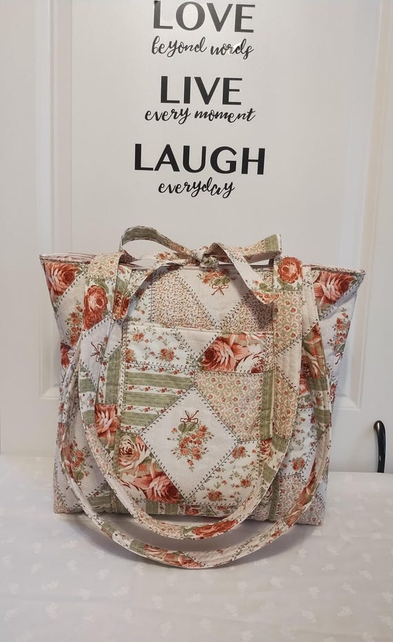 Handmade Quilted Cotton Large Everyday Tote Bag - Stiches n' Roses