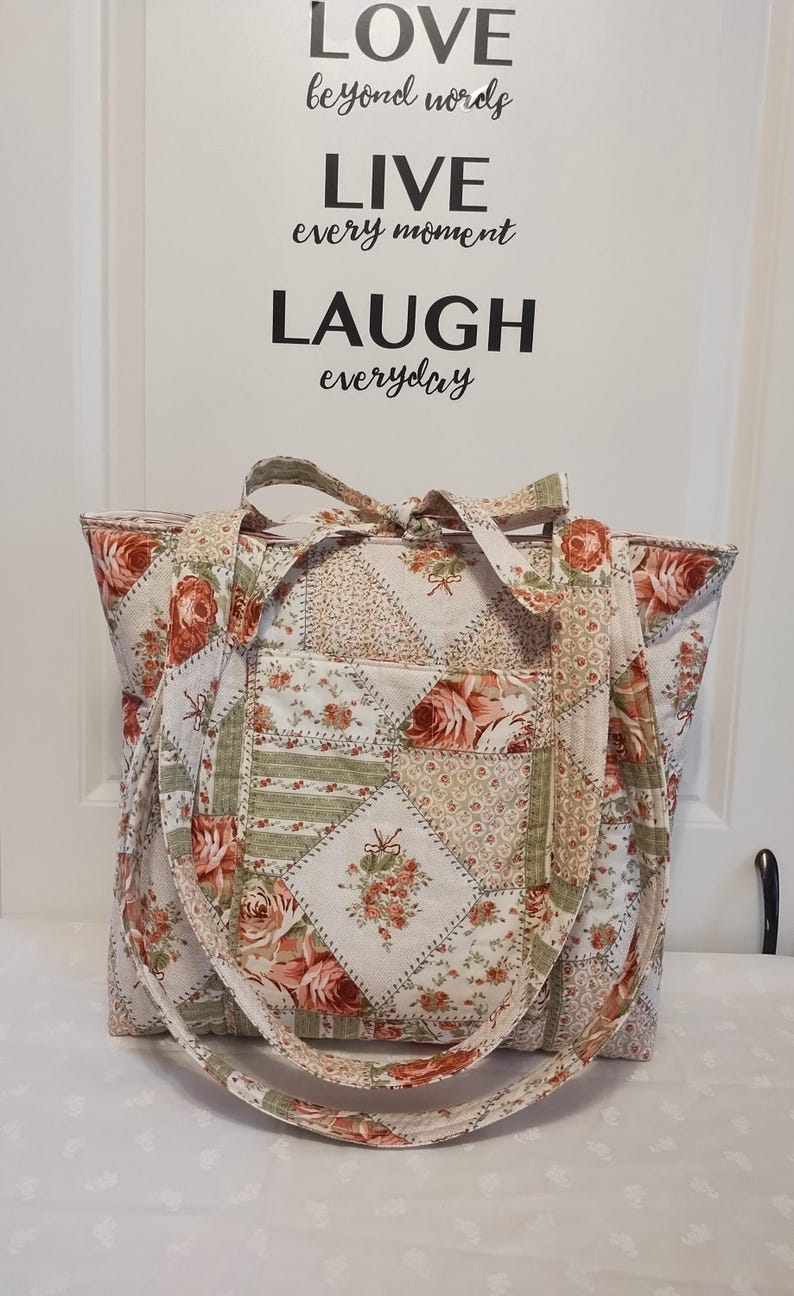 Handmade Quilted Cotton Large Everyday Tote Bag - Stiches n' Roses image 1