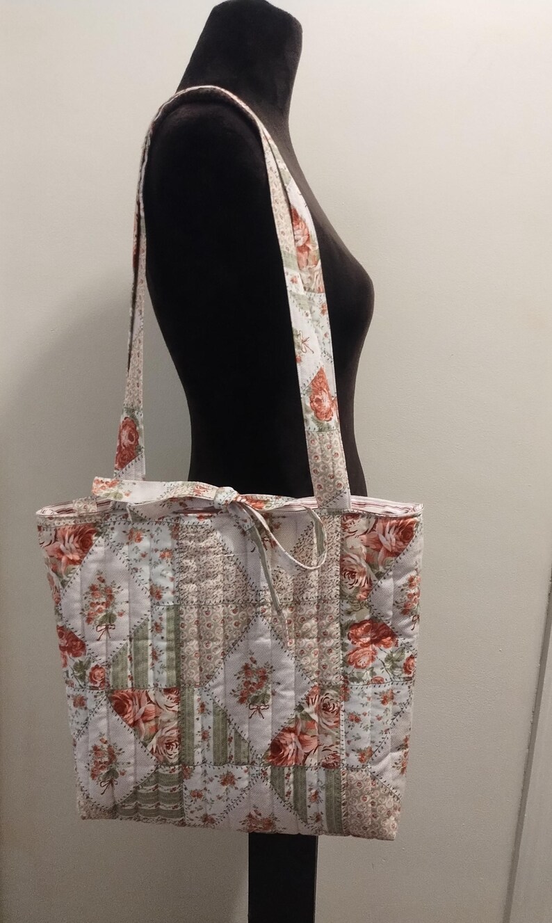 Handmade Quilted Cotton Large Everyday Tote Bag - Stiches n' Roses image 5