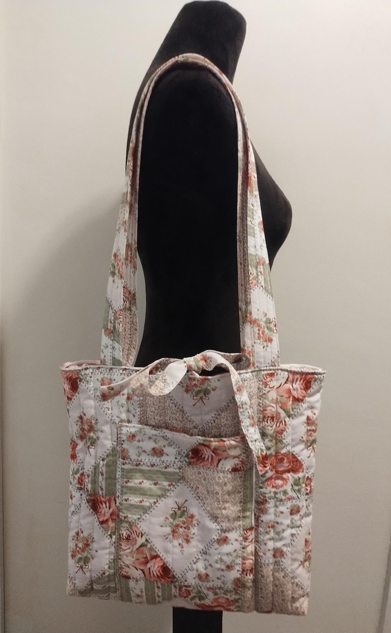 Handmade Quilted Cotton Large Everyday Tote Bag - Stiches n' Roses image 4