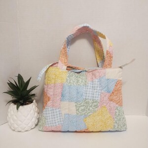 Handmade Quilted Cotton Tote Bag Bible or Book Carrier - Wonky Pastel Patchwork