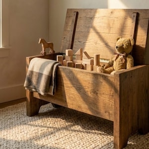 May include: A rustic wooden toy chest with the lid open, filled with wooden blocks, a teddy bear, and a striped blanket. A wooden horse toy sits on top. The chest is on a textured rug.
