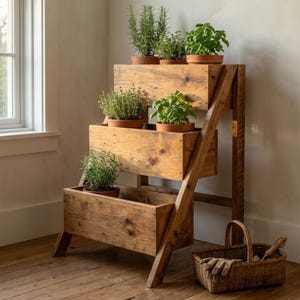 Puede incluir: Una jardinera de madera rústica de tres niveles, cada uno con macetas de terracota con hierbas. La jardinera tiene un diseño de escalera y está colocada sobre un suelo de madera. Una cesta de mimbre con herramientas de jardinería está cerca.