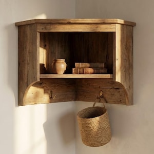 May include: A rustic wooden corner shelf with a small shelf, two hooks, and a curved bottom. The shelf holds a small vase and two books. A woven basket hangs from one of the hooks. The wood has a natural, aged appearance.