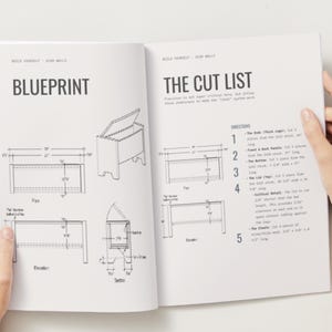 K&ouml;nnte beinhalten: Offenes Buch mit Baupl&auml;nen und Zuschnittliste f&uuml;r eine Holzkiste. Der Bauplan zeigt Abmessungen, darunter Ma&szlig;e von 50,8 cm und 76,2 cm. Die Zuschnittliste enth&auml;lt Anweisungen f&uuml;r den Zusammenbau der Kiste.